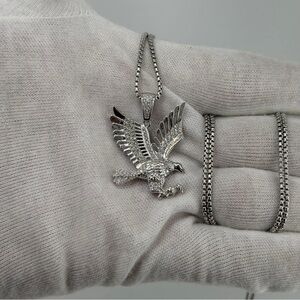 925 Sterling Silver White Gold Dipped Eagle Pendant CZ Iced 9g Large unisex